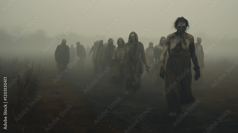 Poster ghastly zombies trudging through a misty eerie supernatural landscape with an atmosphere of fear and