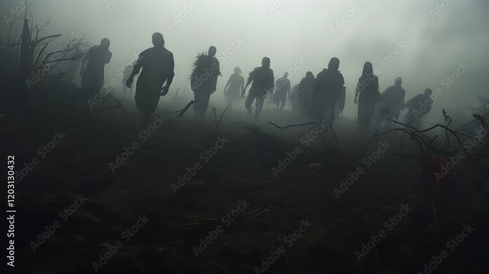 Poster a group of ominous shadowy zombies stalking through a misty fog covered field at night creating an u