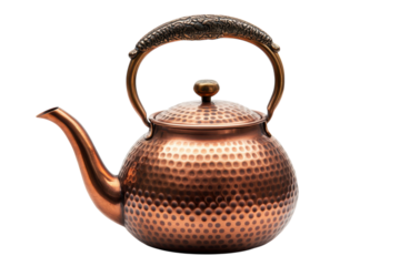 Copper kettle with decorative handle, perfect for brewing tea and enhancing kitchen decor