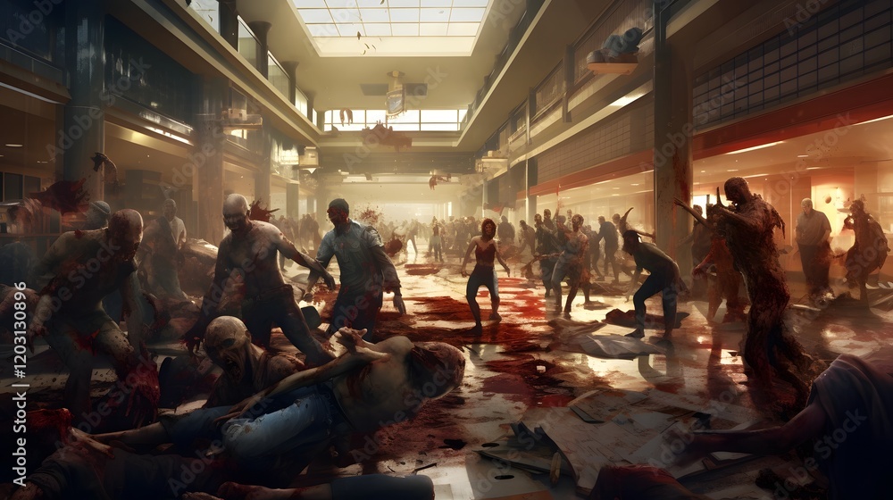 Aufkleber terrifying scene of a zombie horde storming through an abandoned and deserted shopping mall creating