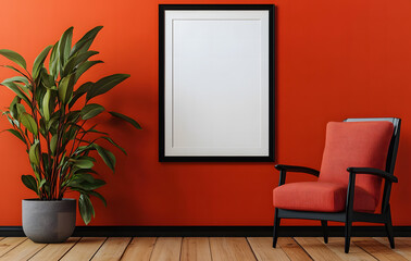 Minimalist Interior with Red Armchair, Green Plant, and Blank Frame on Red Wall