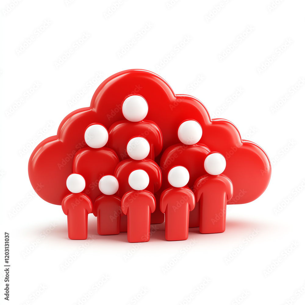 Poster illustration of a cloud computing concept with red figures representing people, symbolizing data sha