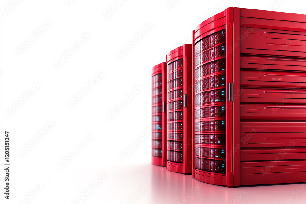 Poster modern data servers in vibrant red color, showcasing cutting-edge technology for efficient data stor