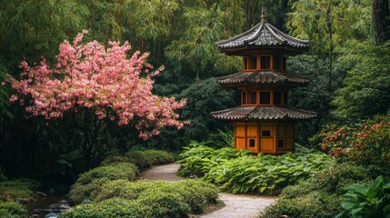 Fototapeta premium Serene Garden Pagoda Path Pink Blossoms Bamboo