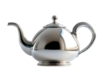 Elegant silver teapot with curved handle and spout showcased against a white background