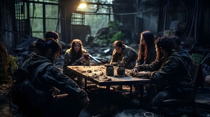 A group of determined survivors huddled in an abandoned building carefully planning their next move to navigate the treacherous landscape of a zombie apocalypse and secure their safety
