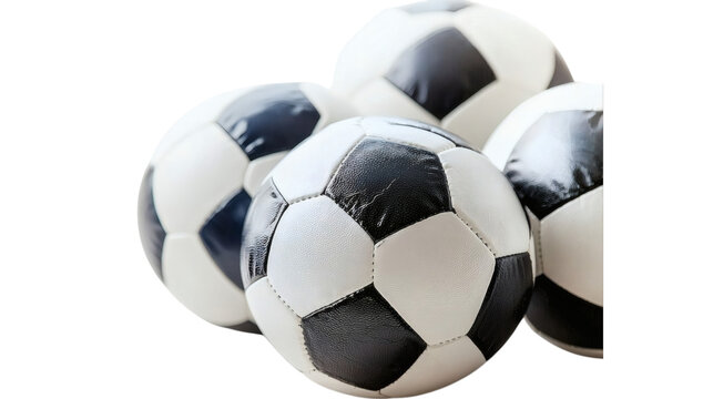 Close-up of Stacked Classic Black and White Soccer Balls, isolated on transparent background