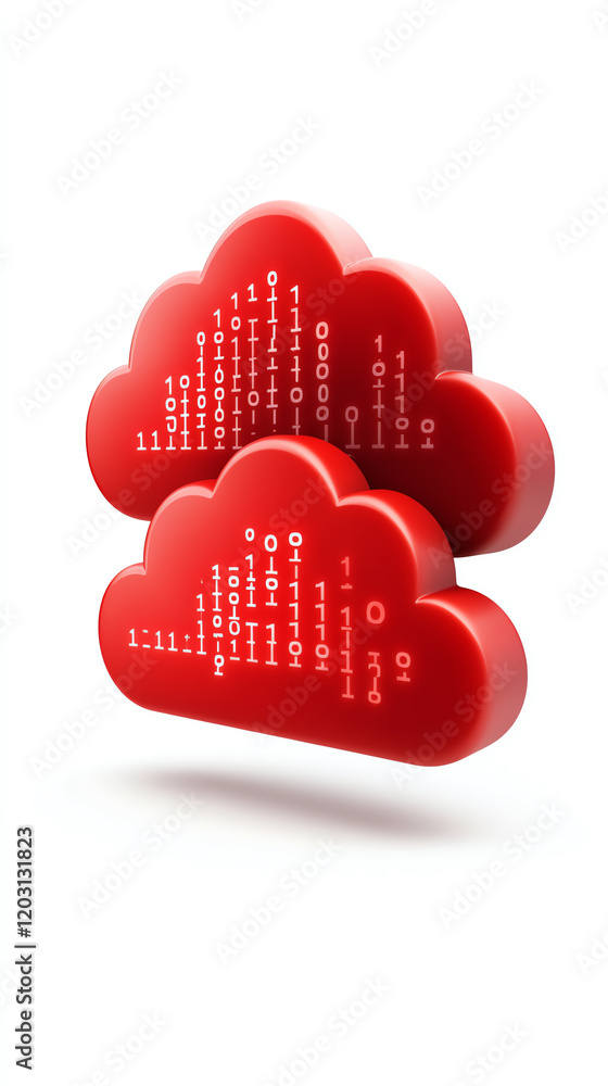 Poster stylized red cloud storage symbols representing digital data and online connectivity in modern techn