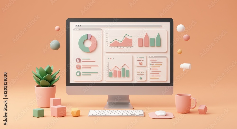 Poster 3d scene of a computer monitor displaying a pastel colored analytics dashboard
