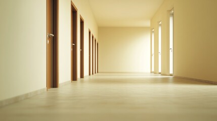 Obraz premium Empty corridor bathed in soft warm light gently illuminating smooth walls and floor. AI Generated