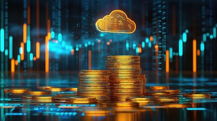 Stacks of golden coins on a reflective digital surface with graphs