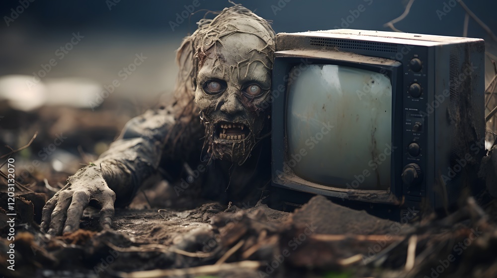 Poster unsettling and chilling scene of a zombie crawling out from a broken television screen creating an e