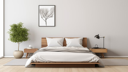 A minimalist bedroom featuring a wooden bed and simple decor, with a white wall and soft natural light, creating an elegant and serene atmosphere. 