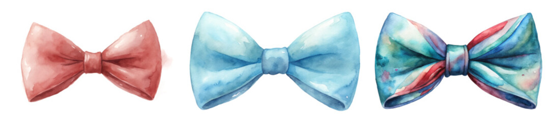 Watercolor bow ties, vibrant colors, stylish accessories, fashion illustration, artistic design, elegant details.