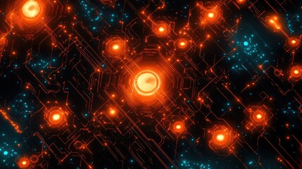 Abstract representation of a network depicted with interconnected orange human icons on a dark blue background