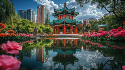 Obraz premium Chinese Pavilion Reflects In Serene Garden Pond