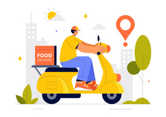Food Delivery Service Illustration Featuring Online Food Ordering through a Mobile App and Fast Delivery to Your Preferred Location in a Background