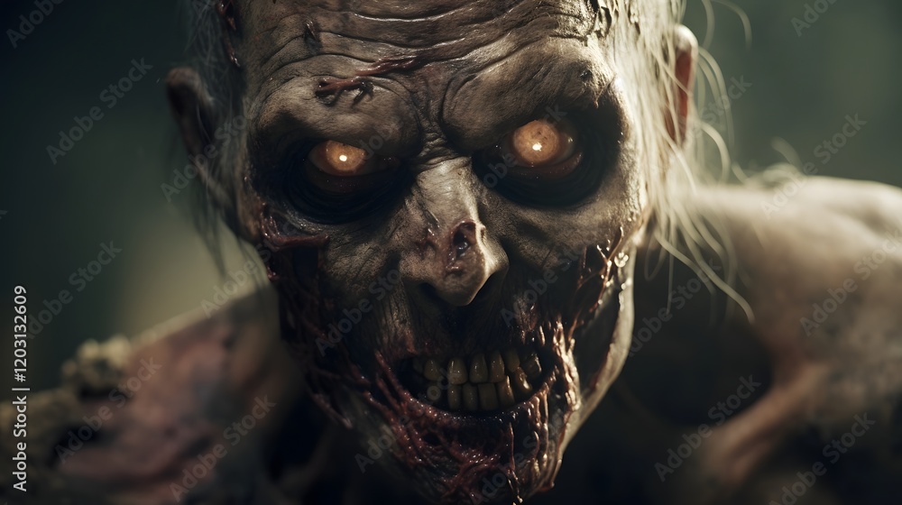 Poster a terrifying zombie with piercing eyes and a menacing expression stares directly into the a sense of