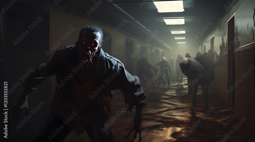 Poster creepy and unsettling image of a zombie creeping and lurking through an abandoned and deteriorating 