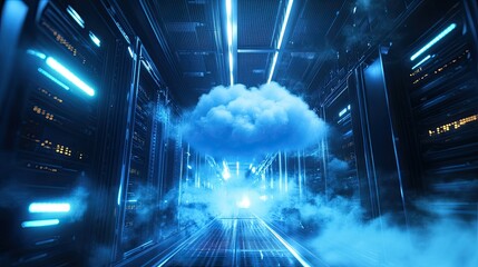 A modern server room filled with racks of networking equipment illuminated by blue LED lights