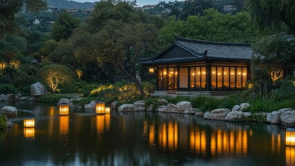 Fototapeta premium Serene Asian Pavilion Illuminated Beside Tranquil Pond