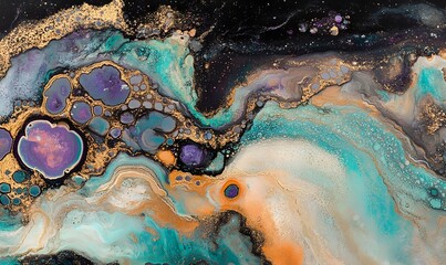 Fototapeta premium Abstract fluid art painting with teal, gold, and purple swirls.