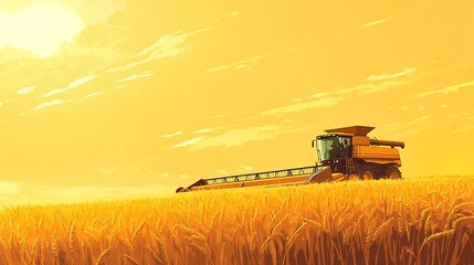 Fototapeta premium Golden hour sunlight bathes a powerful combine harvester working a vast wheat field. AI Generated