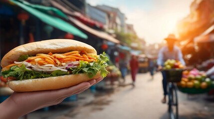 Delicious Vietnamese Banh Mi held high vibrant sunlight bustling market. AI Generated