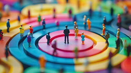 A central blue figure stands on a multicolored target-like surface with concentric circles