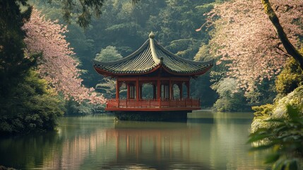 Naklejka premium Serene Pavilion Amidst Blossoming Cherry Trees and Calm Water