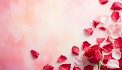 Romantic rose petals scattered on a soft, pastel background.