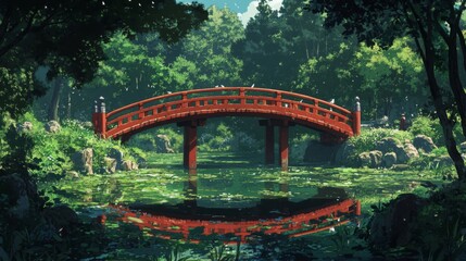 Serene Red Bridge Spanning Lush Green Pond