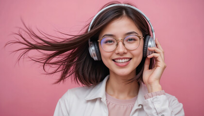 Fototapeta premium Asian girl dancing with headphones on pink background