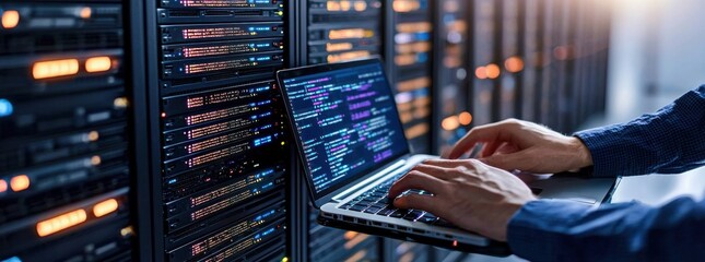 Server Room and Coding Laptop - IT Professionals at Work