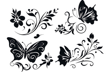 Fototapeta premium Collection of Black and Yellow Butterfly Silhouettes on White Background