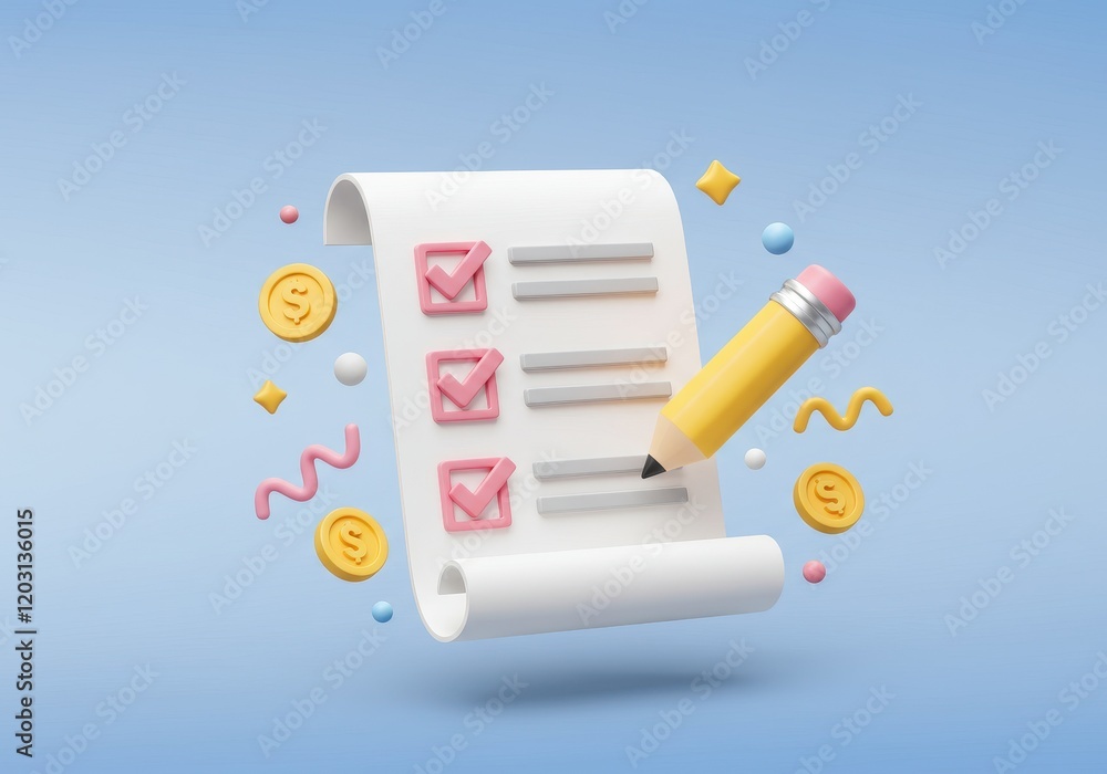 Poster 3d scroll-style checklist and a yellow pencil with a pink eraser pointing towards the list