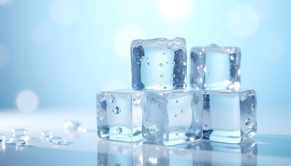 Transparent ice cube background, glossy and reflective ice cubes stacked in a stack