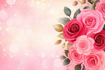 Elegant pink and red rose bouquet with gold accents on soft pastel bokeh background