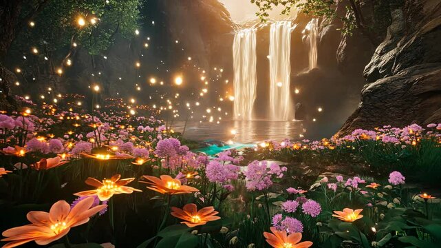 A beautiful, magical forest with glowing flowers and sparkling waterfalls, a large cave in the background with lights shining through, a fantasy world, a dreamy atmosphere,