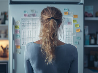 A woman looking at her family calendar with sticky notes on the refrigerator, shot from behind and focusing on the whiteboard with neatly organized stickers of events, adding to it
