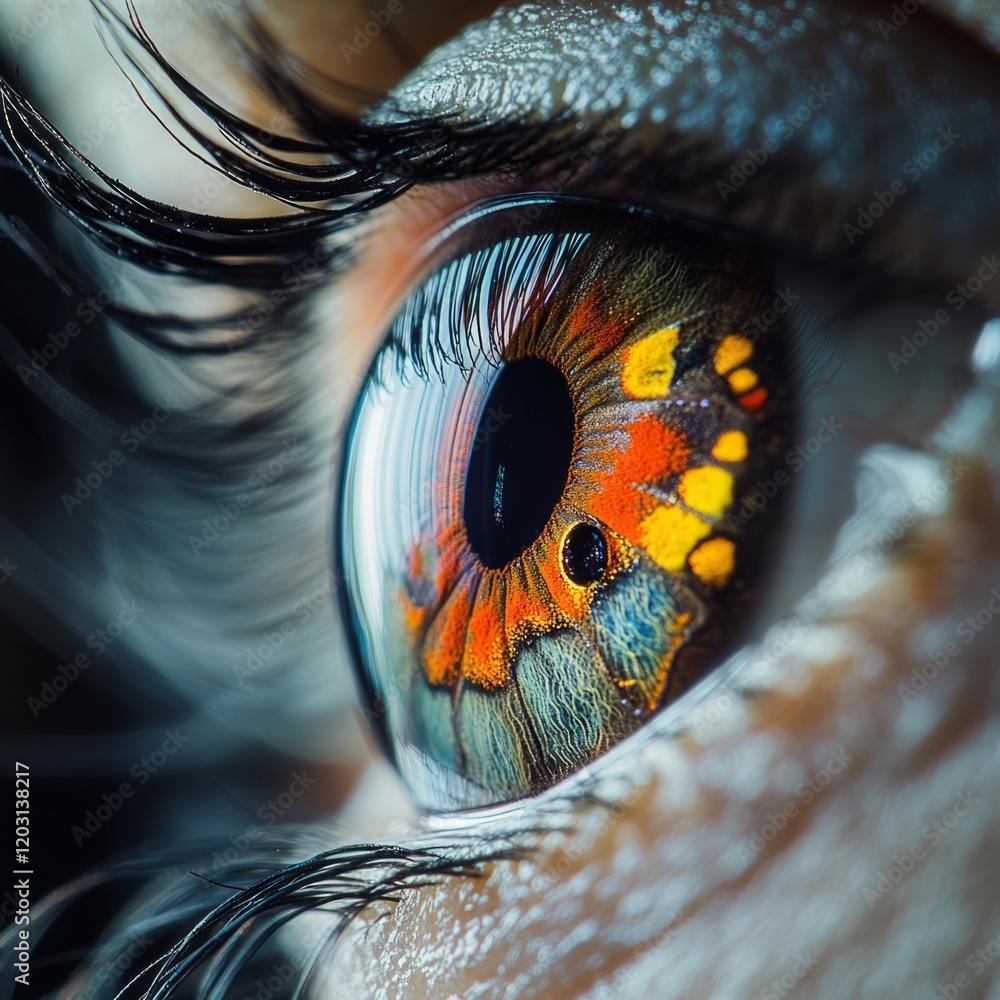 Poster macro shot of an eye with a colorful butterfly reflected in the iris