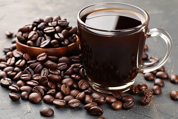 Fototapeta premium Aromatic Coffee Beans and Brew: A Dark and Rich Cup of Coffee