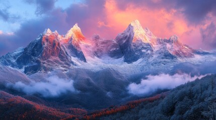 Majestic snow capped mountains sunrise vibrant colors