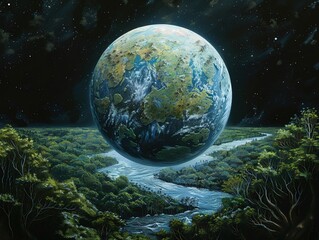 Craft an intriguing graphic illustrating the consequences of terraforming planets from a high vantage point Highlight the ethical complexities of altering ecosystems for human habitation, using 