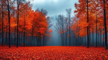 Misty autumn forest path, red leaves, scenic landscape, nature background