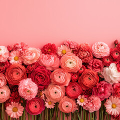 vibrant arrangement of red, pink, and white flowers, including roses and daisies, against soft pink background