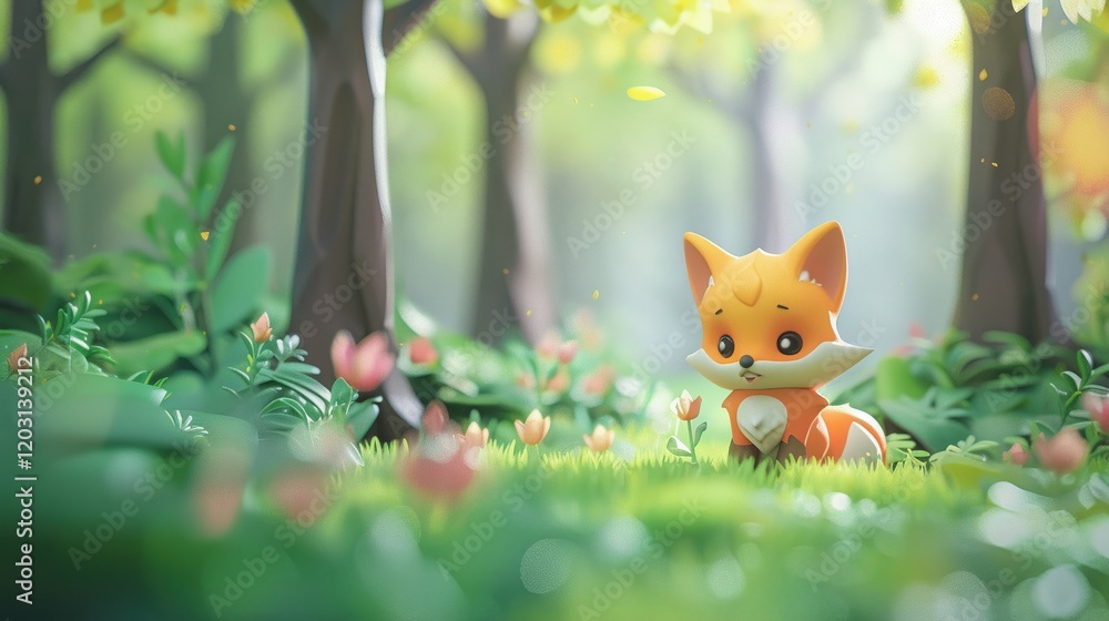 Poster create a 3d 4k scene of a small cute fox pup in vibrant pastel watercolors exploring a minimal digit