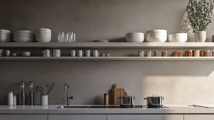 Minimalist Kitchen Interior with White Shelves and Sunlight