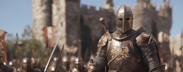 Obraz premium Medieval Knight in Full Armor before Castle