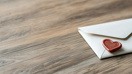 Sealed envelope with heart shaped wax seal on wooden surface, symbolizing love and affection